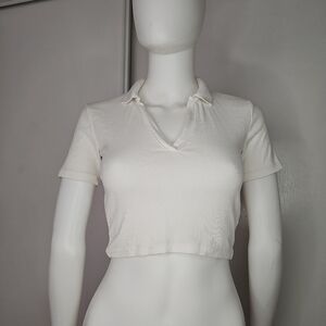 Zara Womens Polo Shirt Top Small Ribbed Cropped Short Sleeve.